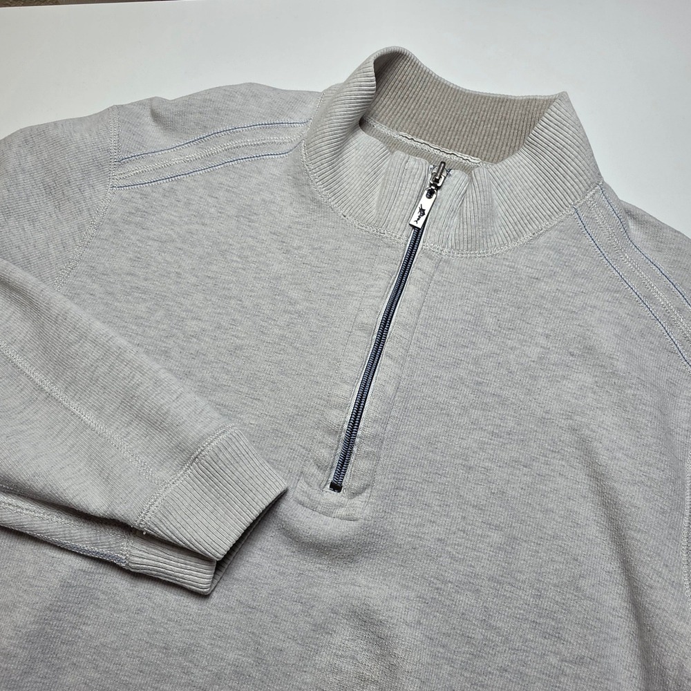 Tommy Bahama Mens Pullover Large Gray Beige Reversible Quarter Zip Mock Neck
